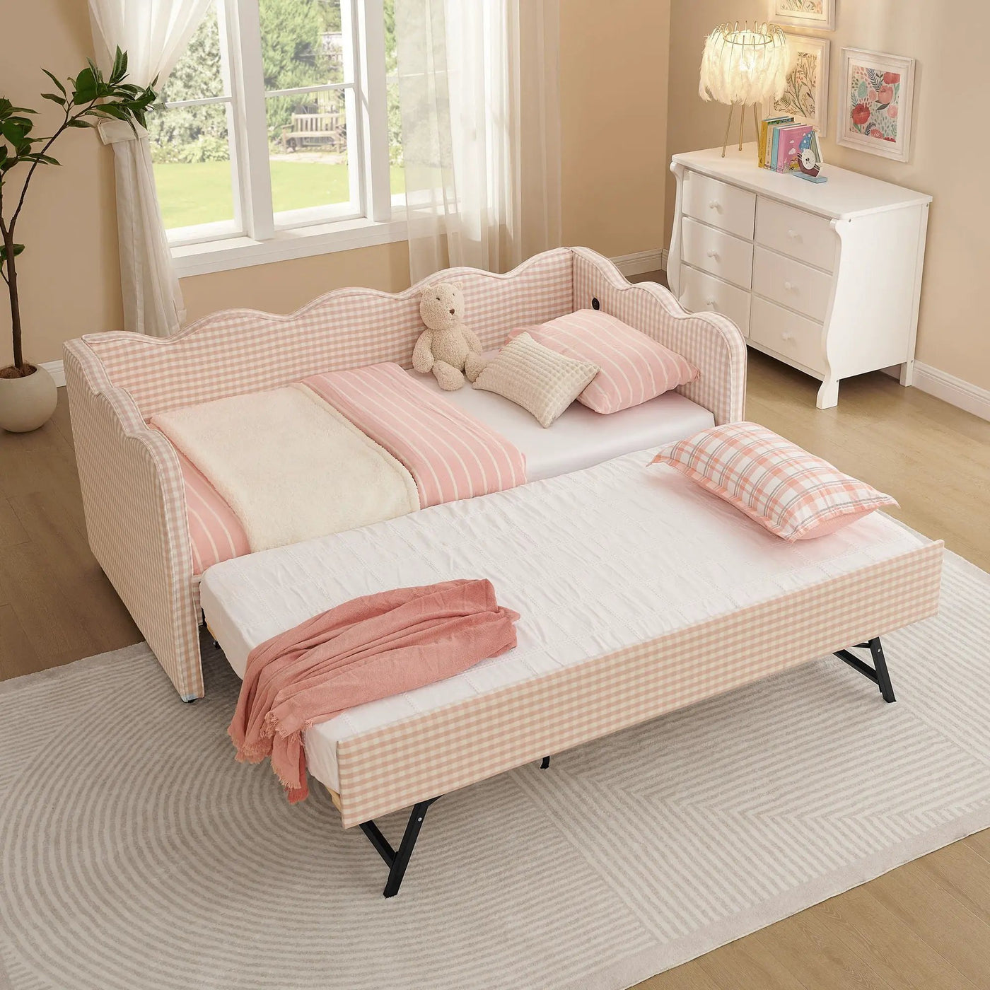 Gingham Daybed With USB Charging Port, Wave Shaped Design by HouseOfZazla