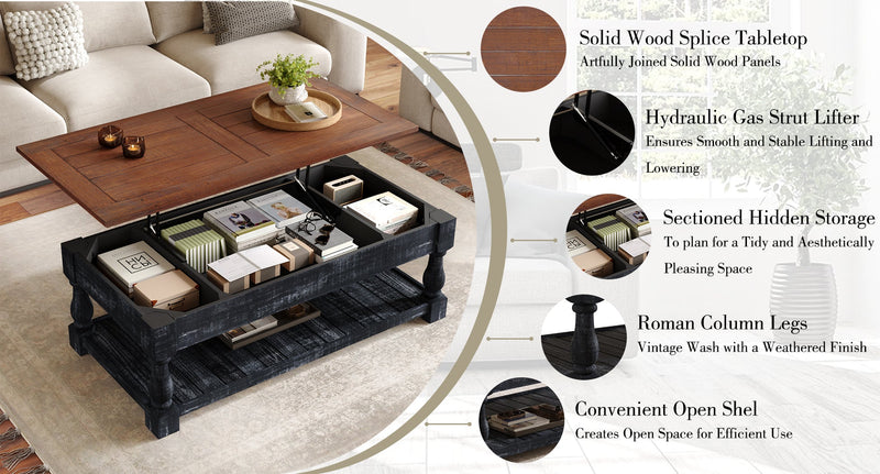 Retro Lift-Top Coffee Table with Storage for Living Room, Hidden Compartment & Lower Shelf, photo 8 of 10