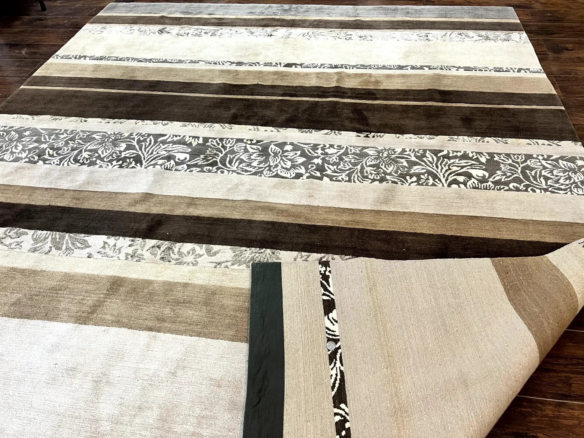 Modern Tibetan Nepali Rug 8x12, Stripe Pattern, Wool with Silk Highlights, Handmade, Beige Tan Brown by Jewel Rugs