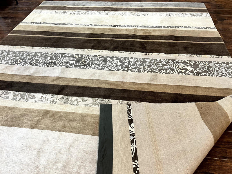 Modern Tibetan Nepali Rug 8x12, Stripe Pattern, Wool with Silk Highlights, Handmade, Beige Tan Brown by Jewel Rugs