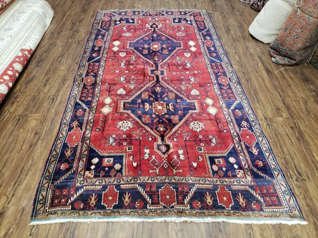 Antique Persian Zanjan Nahavand Heriz Rug, Red & Blue, Hand-Knotted, 5' x 9' 7" by Jewel Rugs
