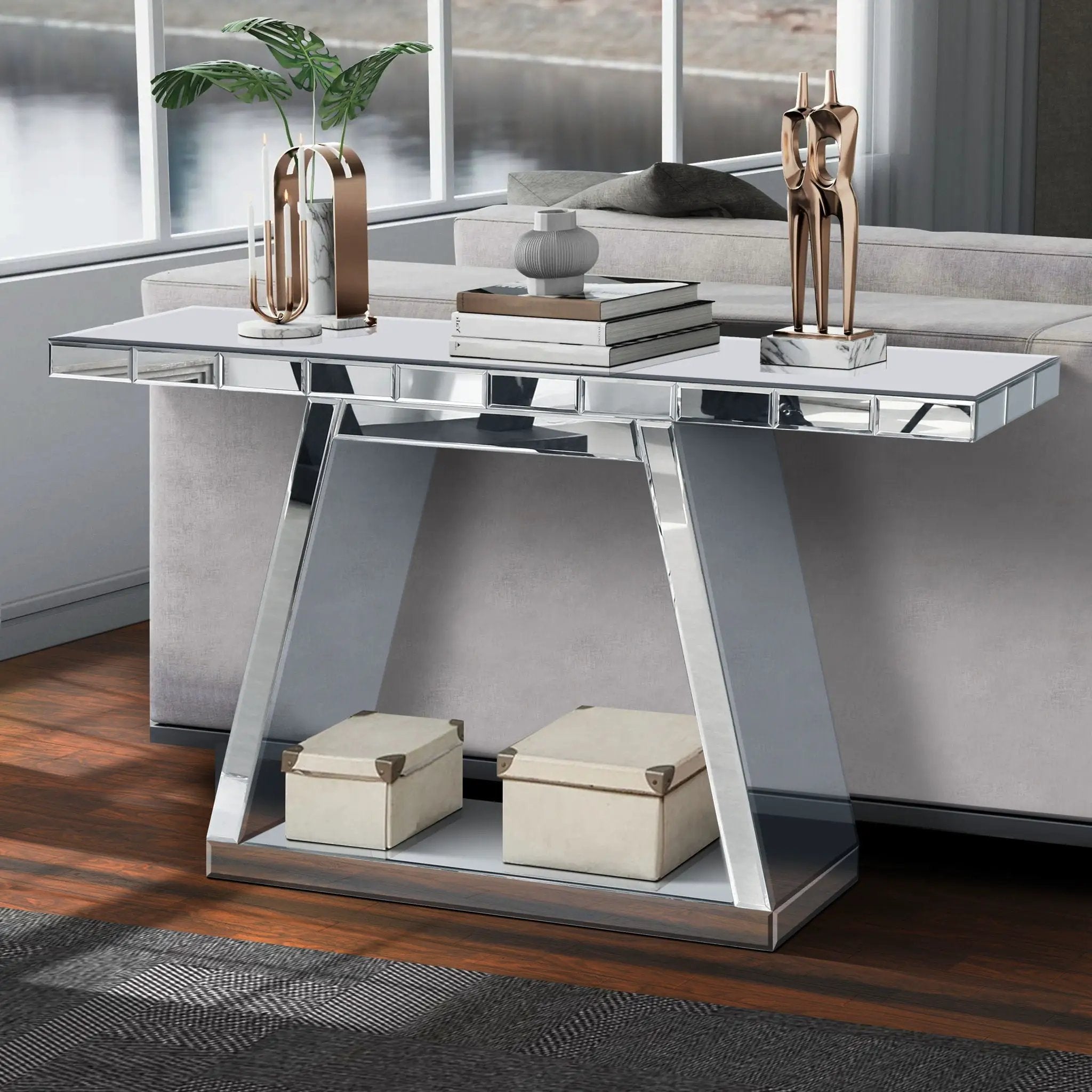 Modern Luxe Full Body Mirror Entryway Table With Trapezoid Base, 360° Reflective Console, Scratch Resistant, Open Storage - Silver by Unique Piece Furniture