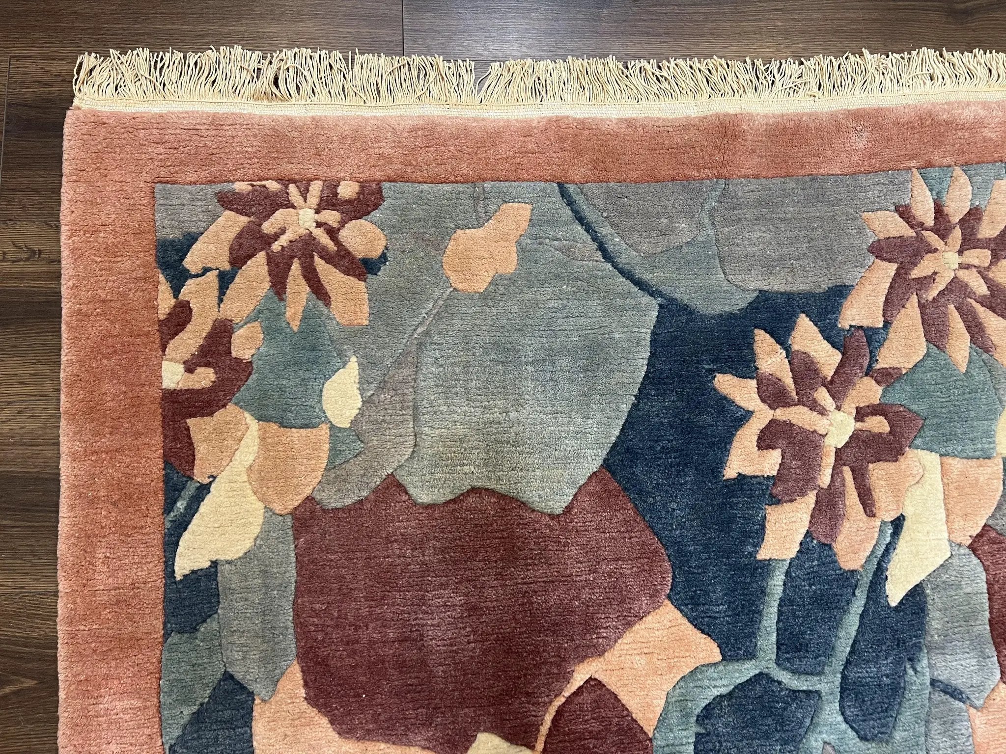 Modern Tibetan Rug 5.7 x 7.9, Abstract Multicolor Flower Pattern, Navy Blue Maroon Salmon, Soft Wool, Hand Knotted Contemporary Carpet 6x8 by Jewel Rugs