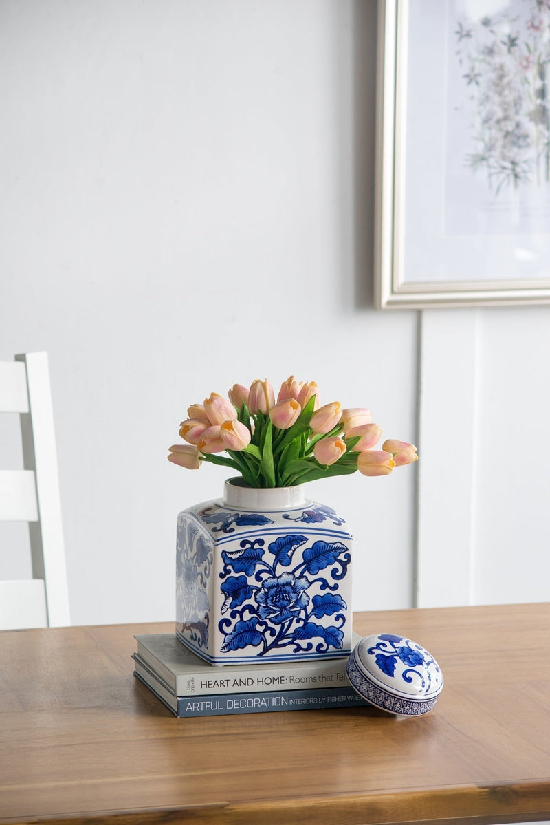5x5x8' Hand Painted Square Canister with Blue and White Floral Pattern by HouseOfZazla