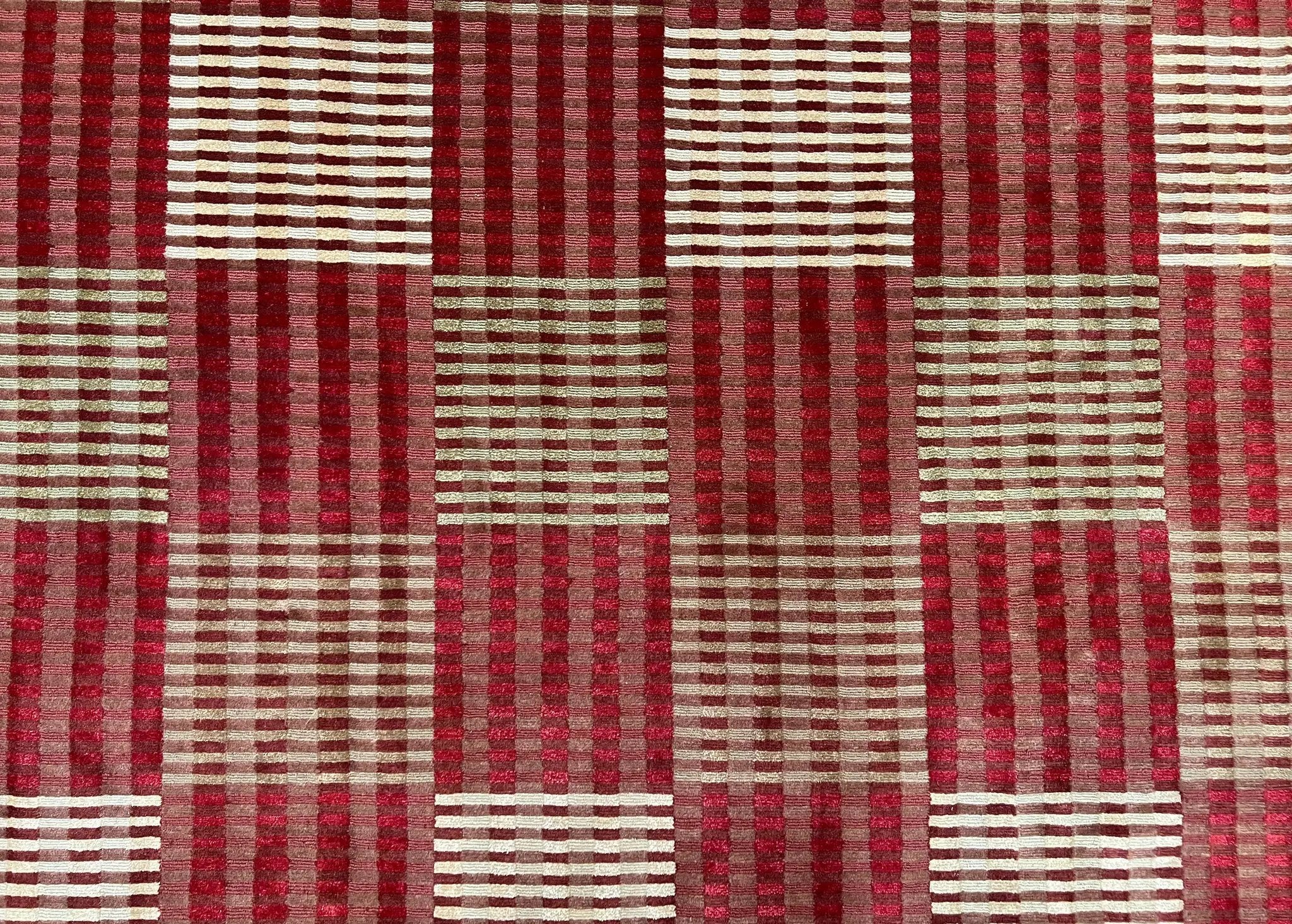Modern Tibetan Rug 8x10, Hand Knotted Contemporary Nepali Carpet 8 x 10, Checkerboard Design, Red Cream Light Brown, Very Fine Wool & Silk by Jewel Rugs