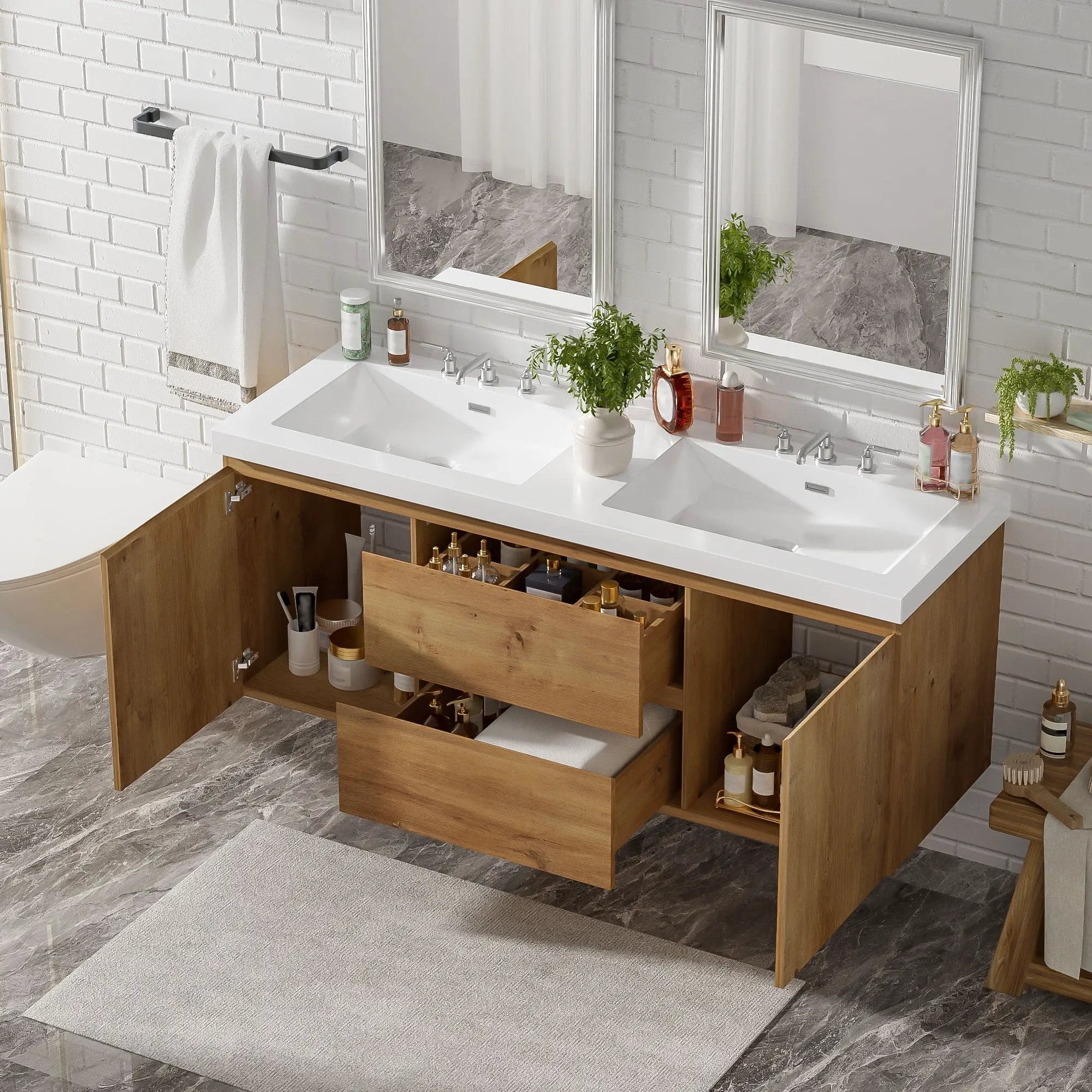 Double Sink Bathroom Vanity, Cabinet & Soft Close Doors, Divided Drawers, Wall Mounted Storage - Wood by HouseOfZazla