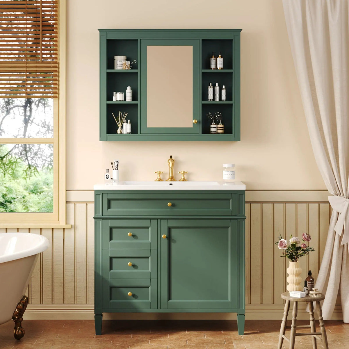 Bathroom Vanity With Mirror Cabinet, Single Sink With 2 Soft Closing Doors And 4 Drawers, photo 21 of 35