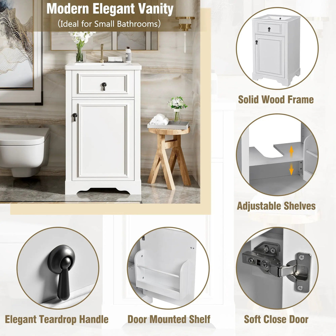 Elegant Bathroom Vanity With Ceramic Sink, Soft Close Door, Adjustable Shelf by HouseOfZazla