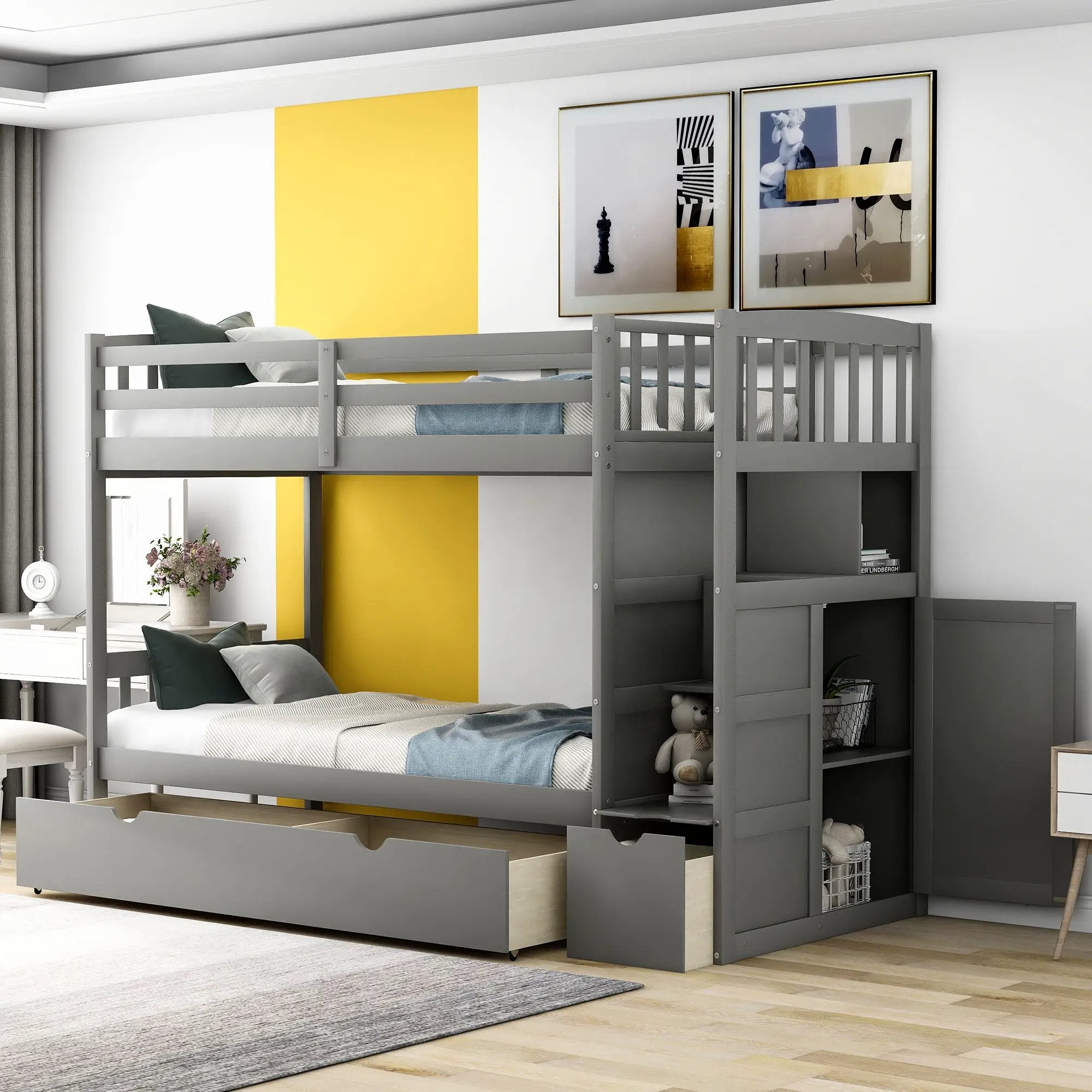 Bunk Bed, Convertible Bottom Bed, Storage Shelves And Drawers by HouseOfZazla