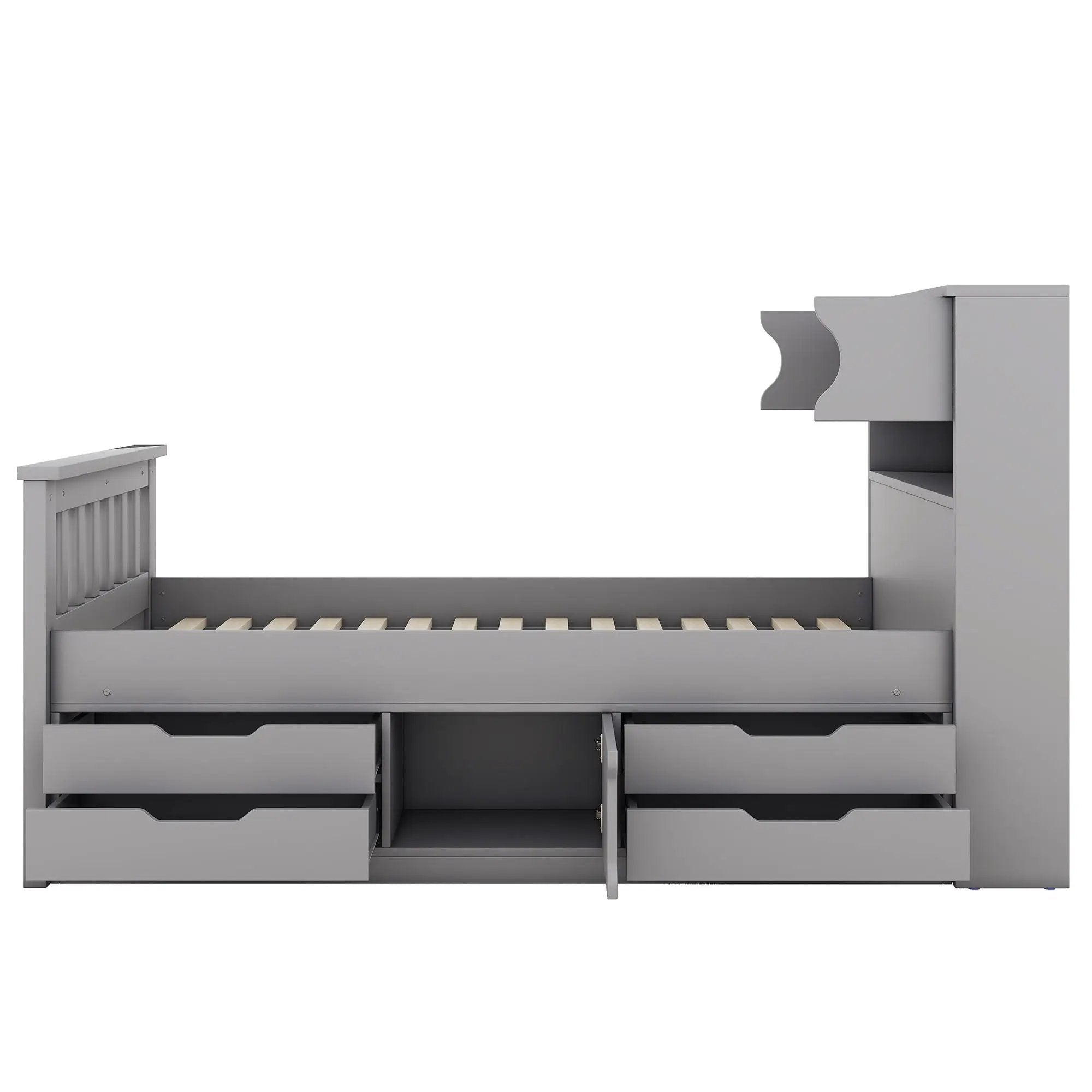 Captain Platform Bed Frame With Storage Bookcases, Shelves, And 4 Drawers