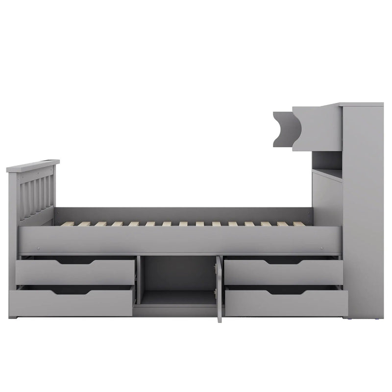 Captain Platform Bed Frame With Storage Bookcases, Shelves, And 4 Drawers