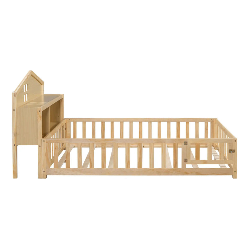 Full Size Montessori Floor Bed With Bookcases And boards, Solid Wood Platform Bed With Guard Rails And Storage Headboards - Natural by HouseOfZazla