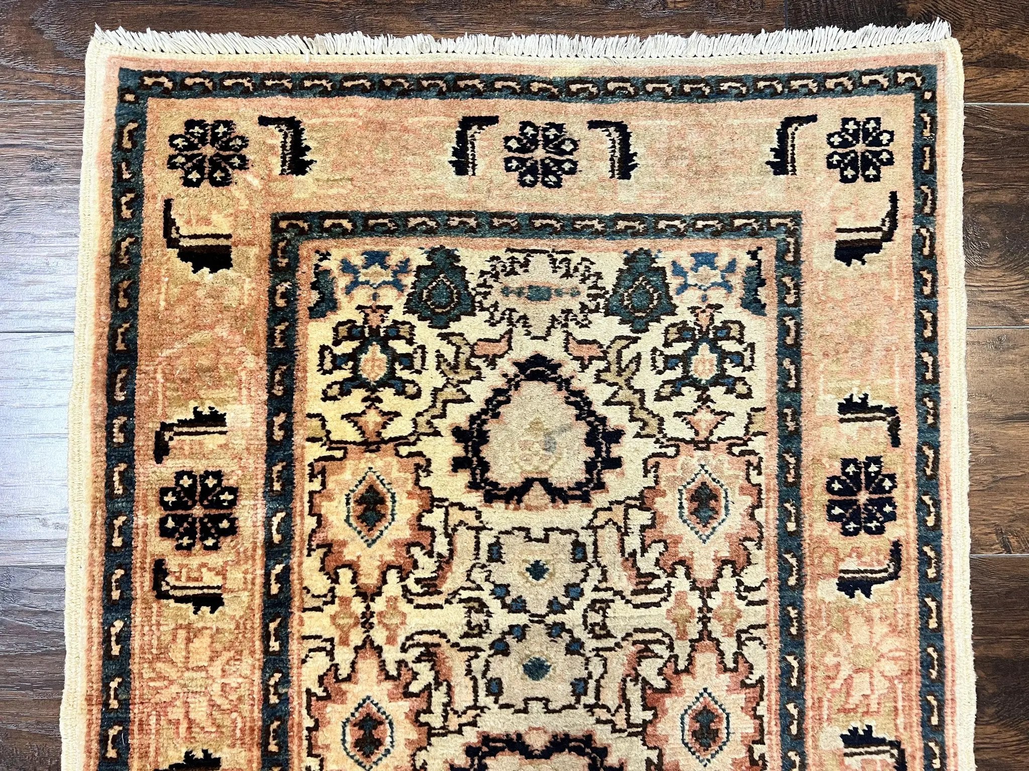 Romanian Runner Rug 2.6 x 12.9, Wool Handmade Hand Knotted Skinny Runner for Hallway, Floral Allover, Vintage Tan Runner by Jewel Rugs
