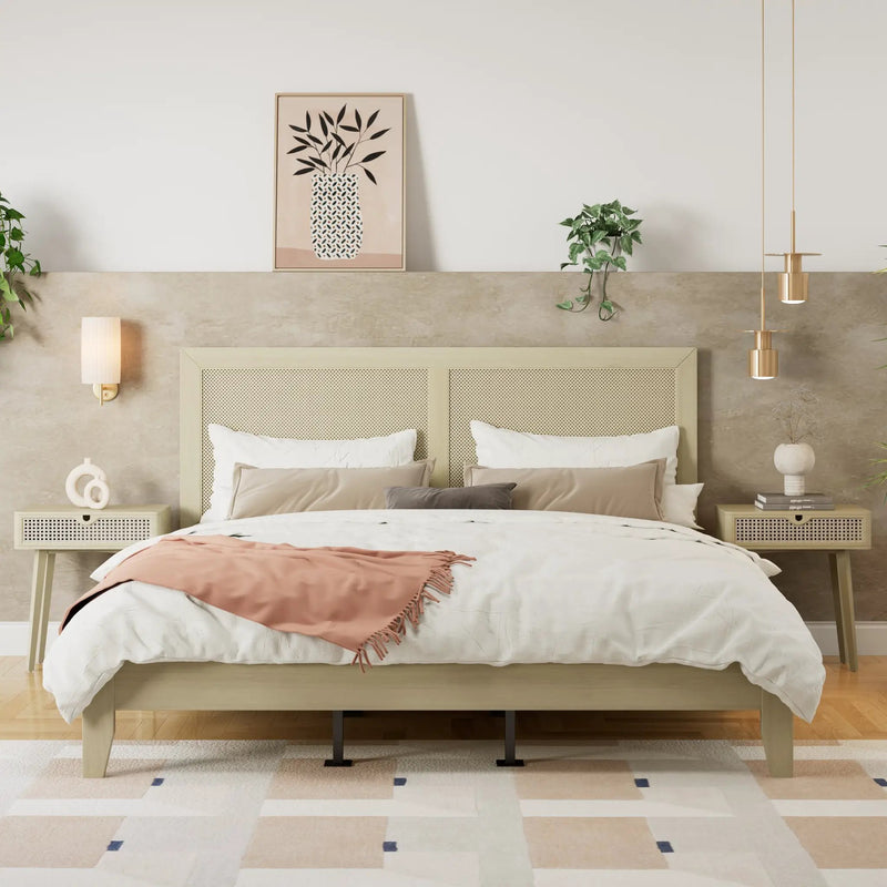 Solid Wood Platform King Bed With Rattan by HouseOfZazla