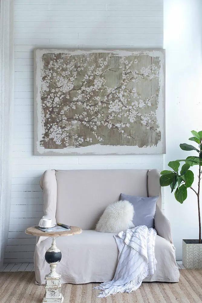 Large Cherry Blossom Canvas Art Print, Home Decor Accent Piece - Gray / White Matte by HouseOfZazla