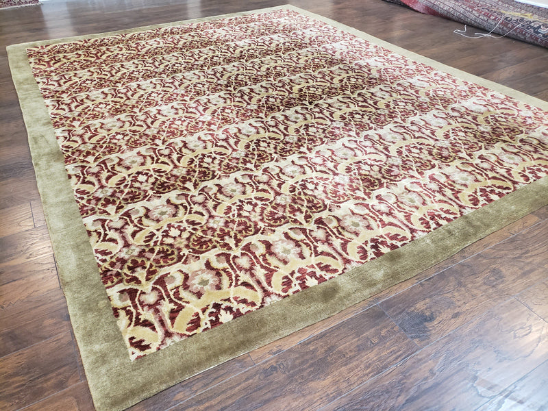 Contemporary Indian Nepalese Room Sized Rug 9 x 11.6, Wool Hand-Knotted Dark Red & Beige Soft Carpet, 9 x 12 Masterloom Living Room Rug by Jewel Rugs
