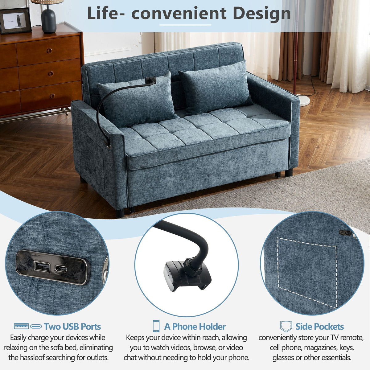 Pull-Out Sleeper Sofa With Reversible Backrest Cushion, Side Pockets, 2 USB Ports And A Phone Holder For Living Room, photo 16 of 25