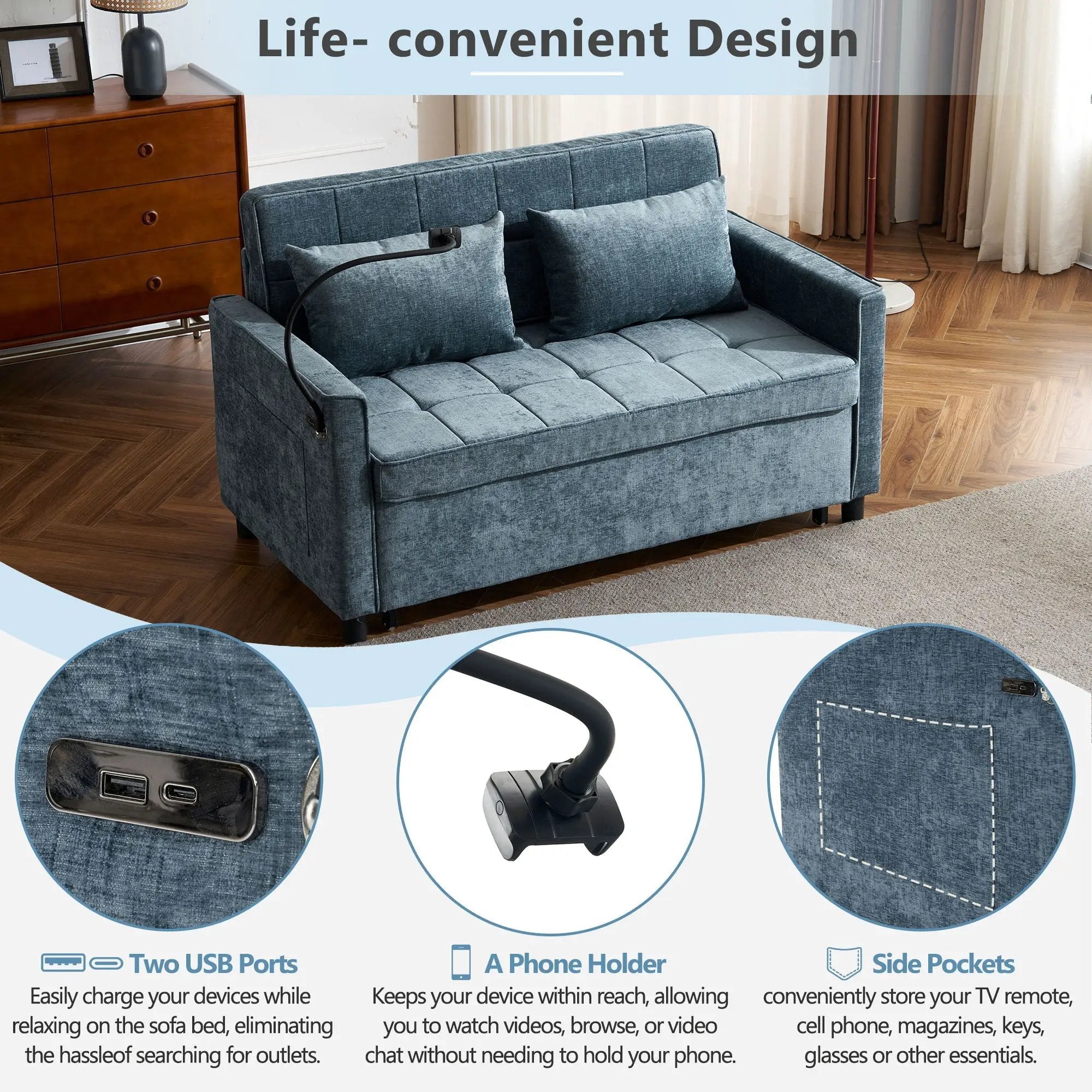 Pull-Out Sleeper Sofa With Reversible Backrest Cushion, Side Pockets, 2 USB Ports And A Phone Holder For Living Room by HouseOfZazla