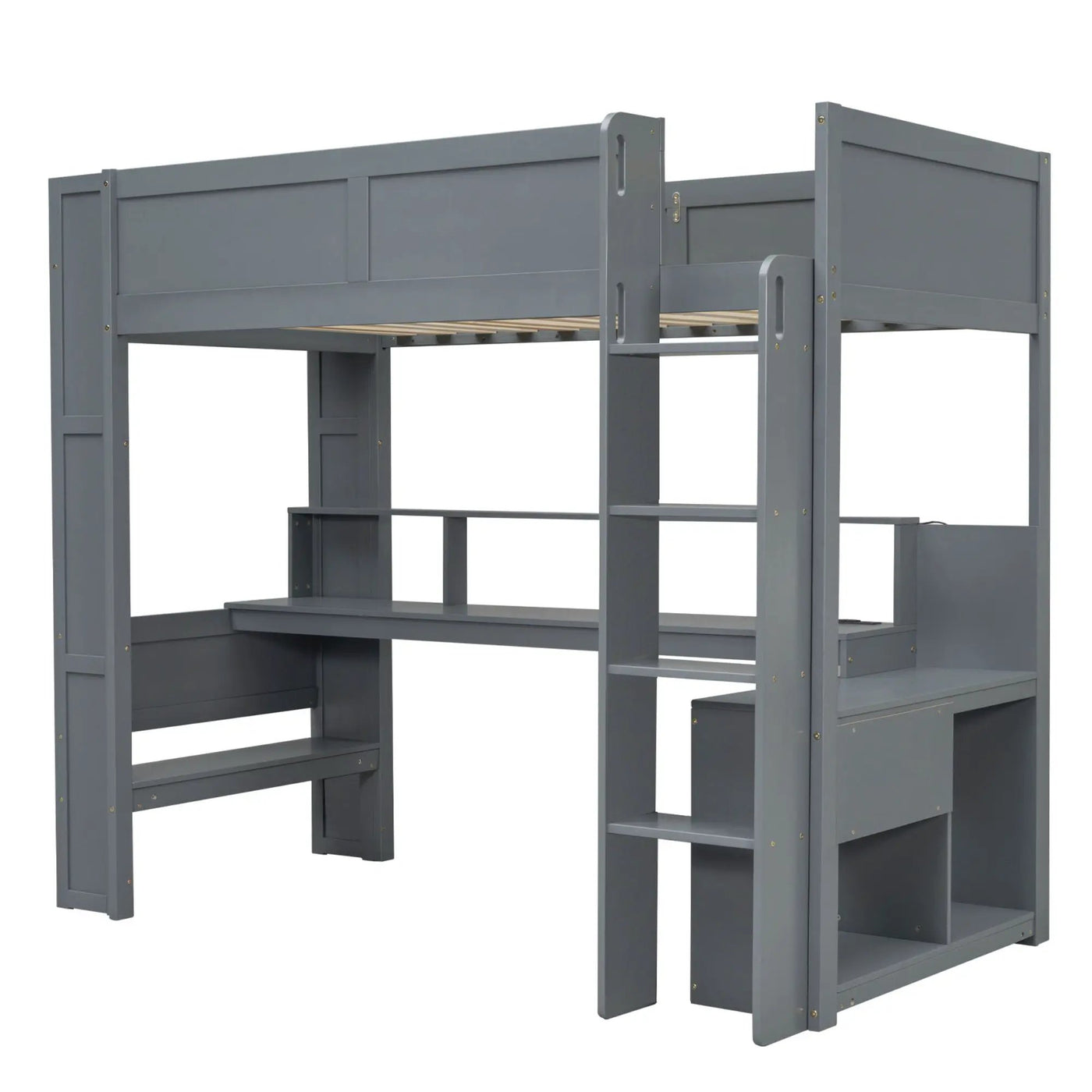 Gaming Loft Bed With Desk, Multi Storage Shelves, LED And Charging Station by HouseOfZazla