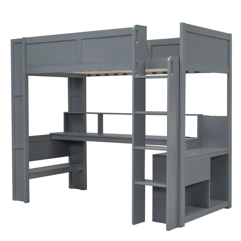 Gaming Loft Bed With Desk, Multi Storage Shelves, LED And Charging Station by HouseOfZazla