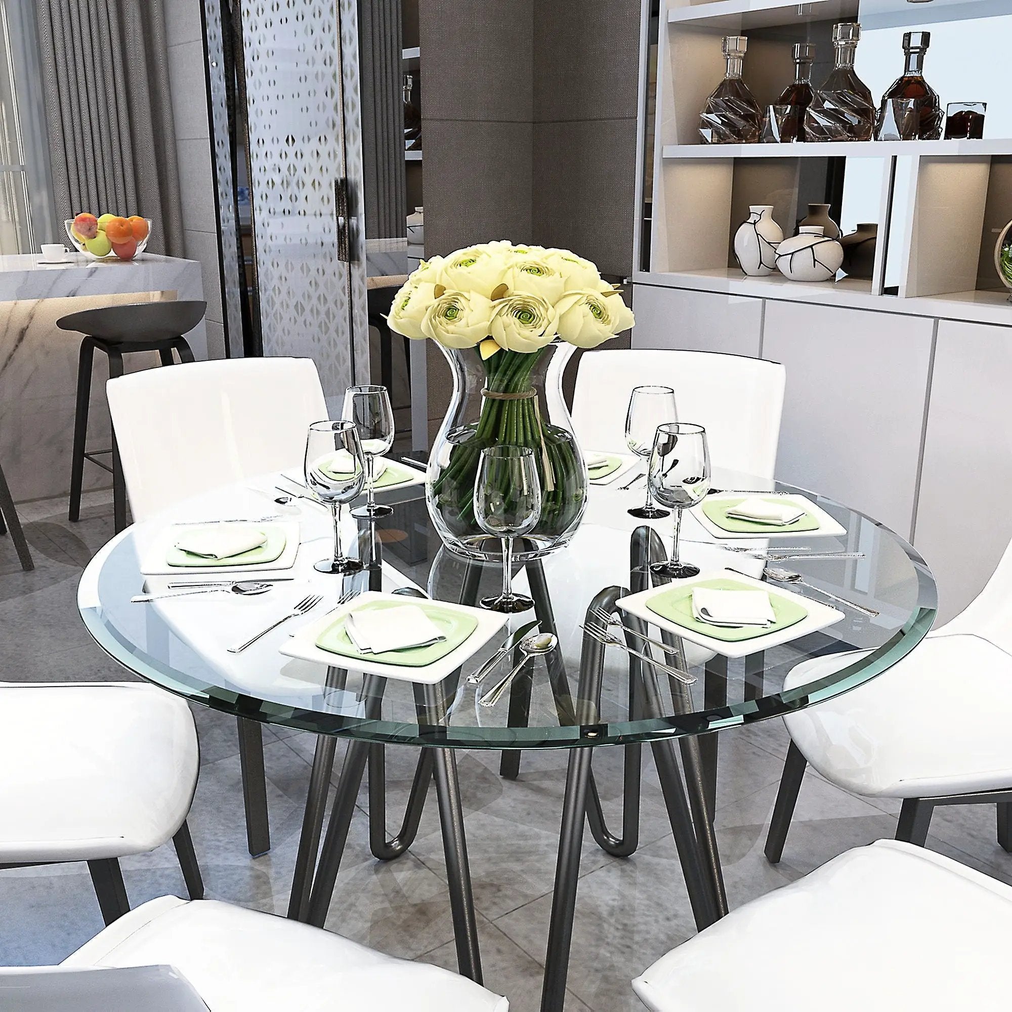 Round Tempered Glass Table Top Clear Glass, Thick Beveled Polished Edge - Black by HouseOfZazla