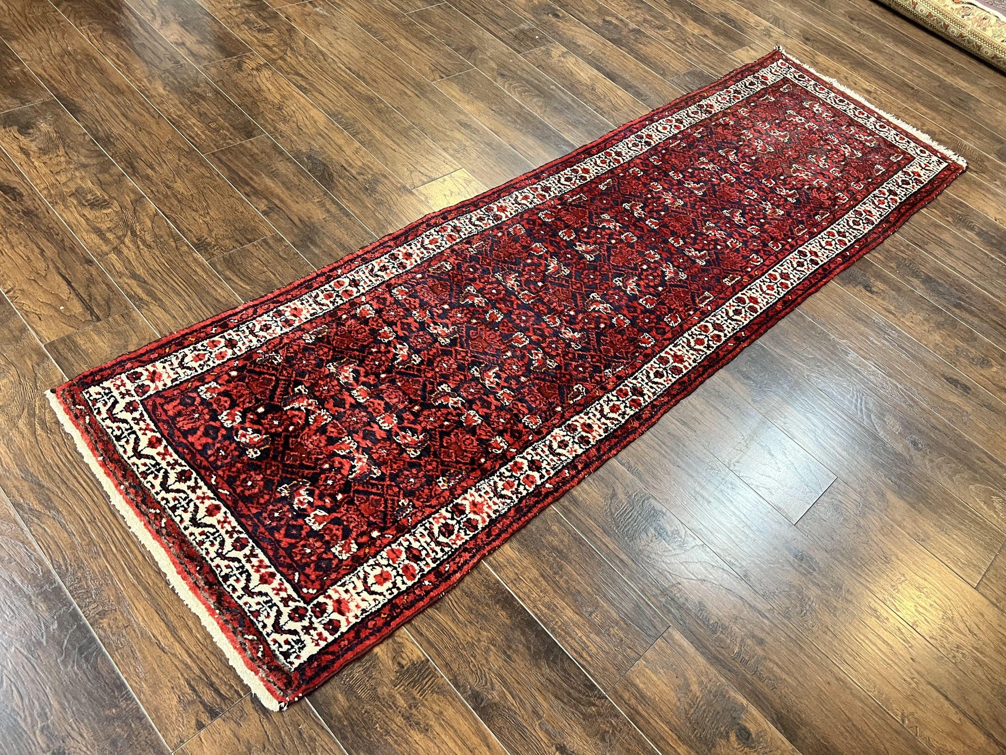 Persian Tribal Runner 3 x 9, Hamadan Dargazin Rug, Dark Blue and Red Wool Hand Knotted Hallway Rug, Vintage Antique Oriental Runner, 9ft Long Runner, Herati by Jewel Rugs