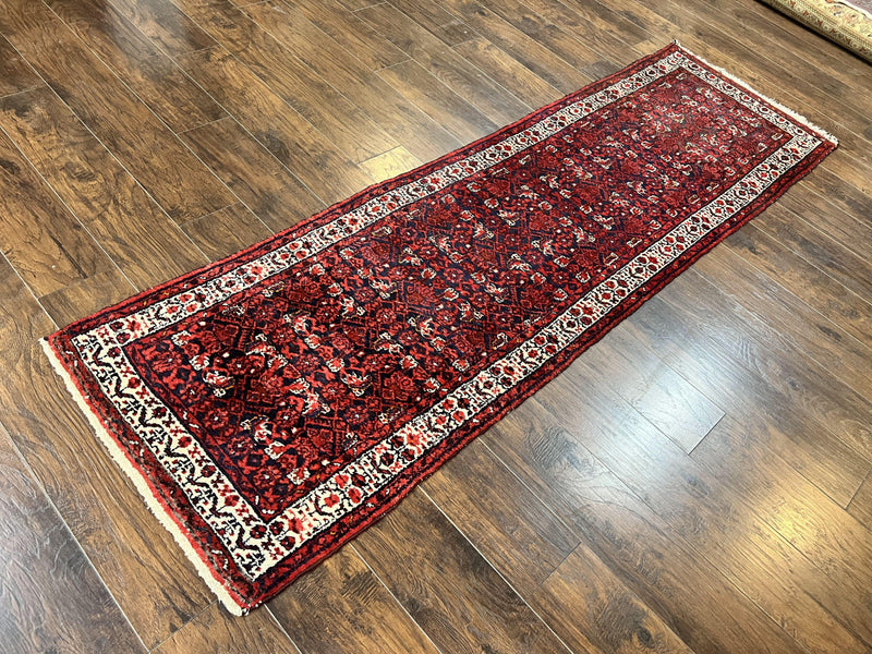 Persian Tribal Runner 3 x 9, Hamadan Dargazin Rug, Dark Blue and Red Wool Hand Knotted Hallway Rug, Vintage Antique Oriental Runner, 9ft Long Runner, Herati by Jewel Rugs
