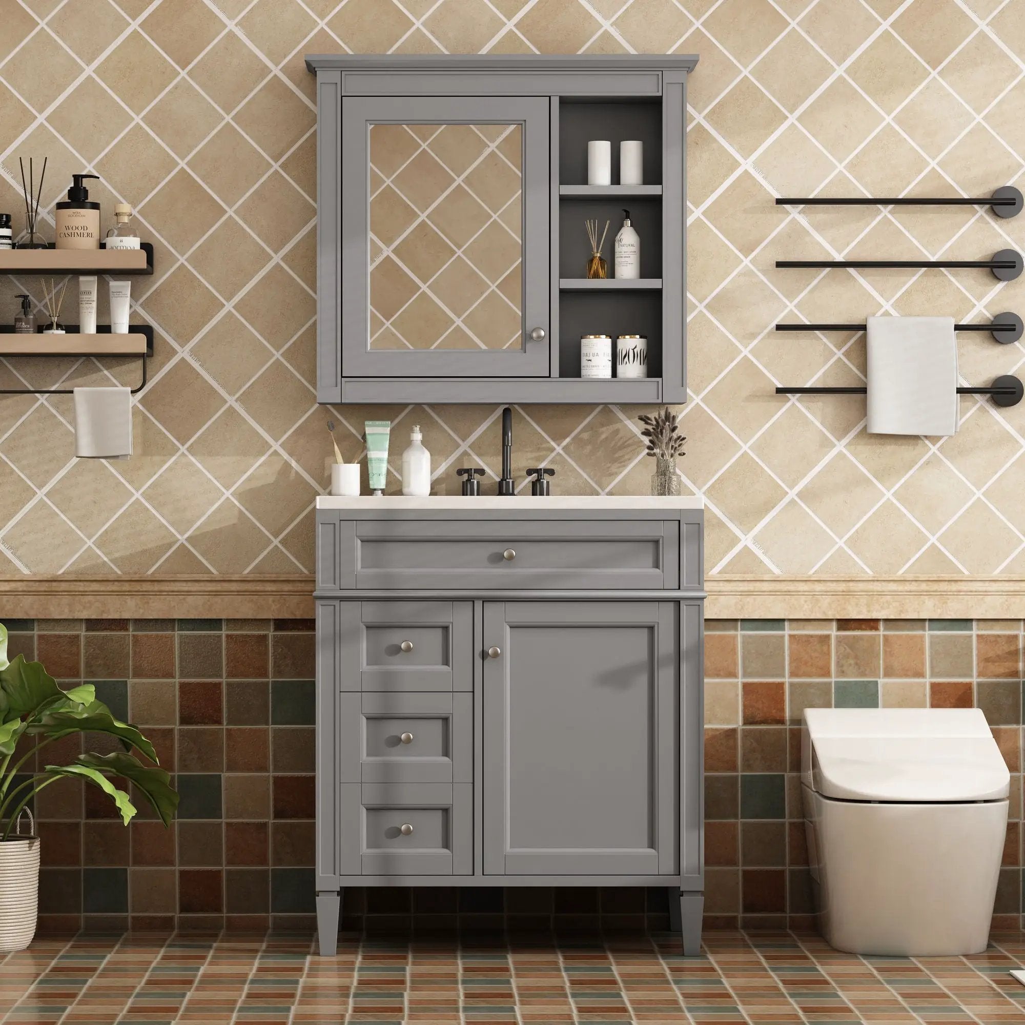 Bathroom Vanity With Medicine Cabinet, Royal Mirror Cabinet, Modern Bathroom Storage Cabinet With 2 Soft Closing Doors And 4 Drawers by HouseOfZazla