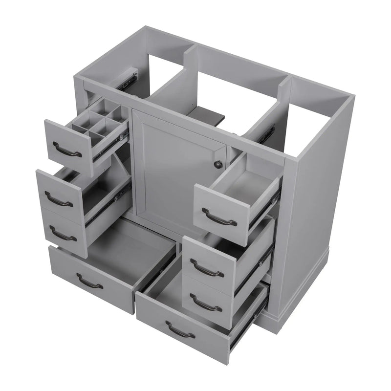 36" Bathroom Vanity Without Sink, Cabinet Base Only, 6 Drawers, Multi Functional Drawer Divider, Adjustable Shelf - Gray