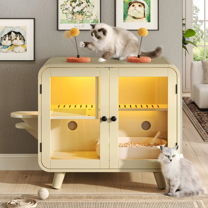 Cat Hidden Litter Box Enclosure with RGB LED Light and Glass Doors by HouseOfZazla