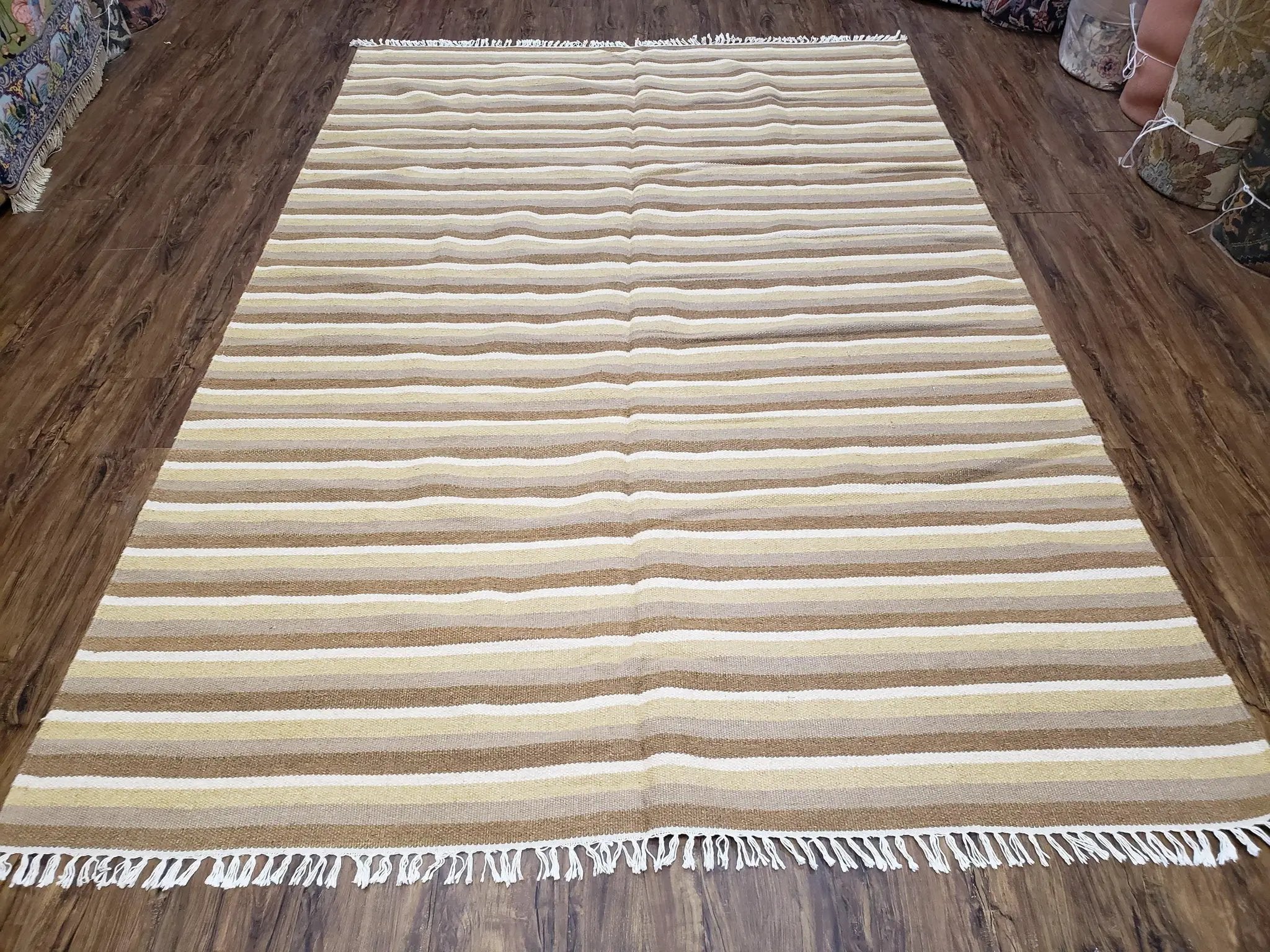 Indian Striped Blanket 6x9, Large Indo Kilim Area Rug, Earthern Tones Woolen Hand-Woven Flatweave South American Style Queen Size Bedspread by Jewel Rugs