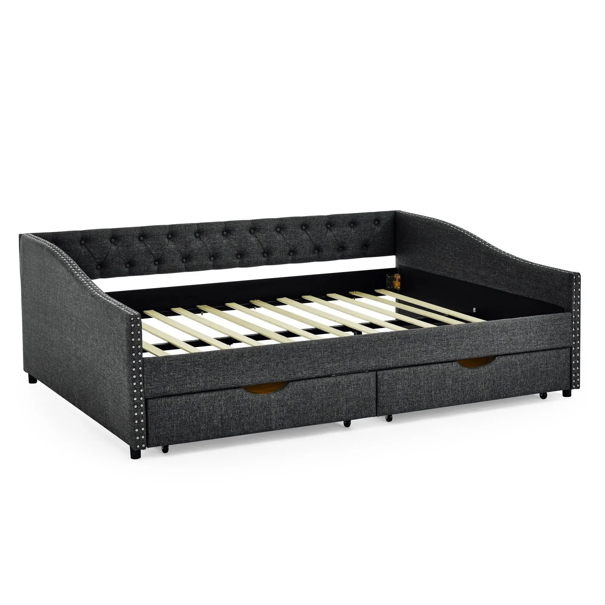 Upholstered Tufted Daybed With 2 Drawers, Waved Arms
