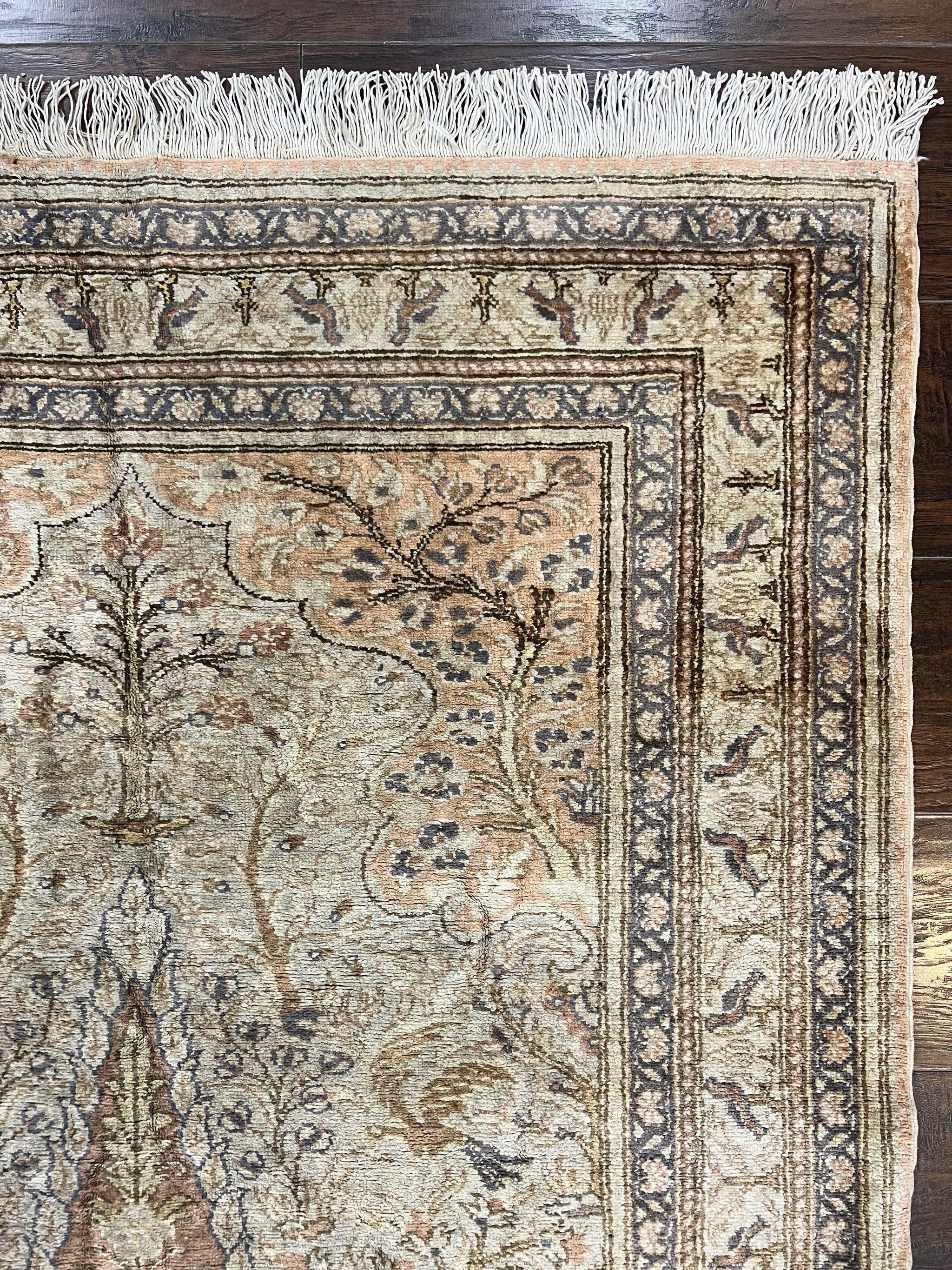 Turkish Kayseri Silk Rug 4x6, Tree of Life Pattern, Vintage Handmade Hand Knotted Carpet, Animal Pictorials, Birds by Jewel Rugs