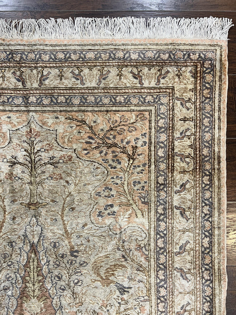 Turkish Kayseri Silk Rug 4x6, Tree of Life Pattern, Vintage Handmade Hand Knotted Carpet, Animal Pictorials, Birds by Jewel Rugs