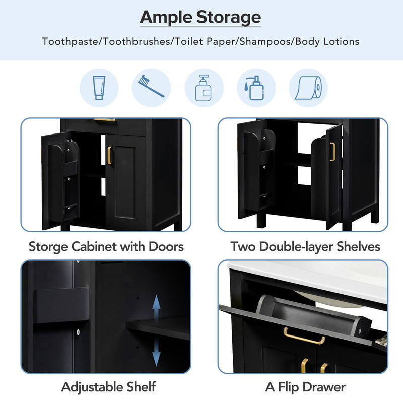 Modern Bathroom Vanity With Ceramic Sink, Soft-Close Doors, Flip Drawer, U-Shaped Shelves, Elegant Storage Solution