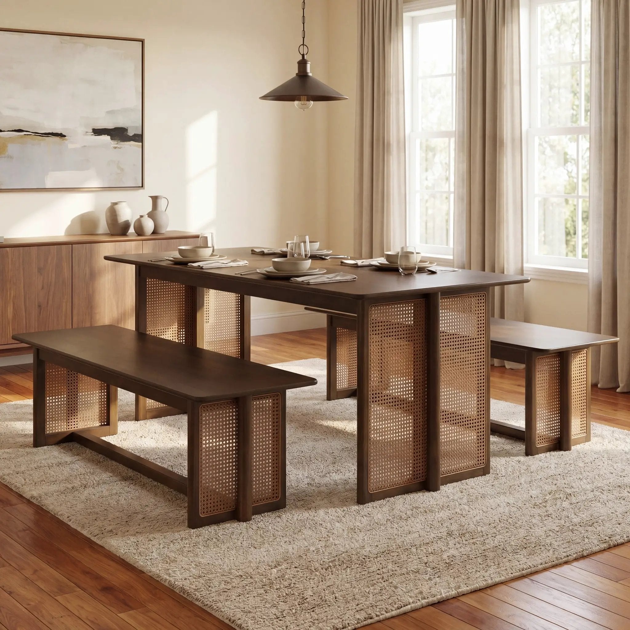 Walnut-Colored Rubber Wood Dining Set with Plastic Rattan by HouseOfZazla