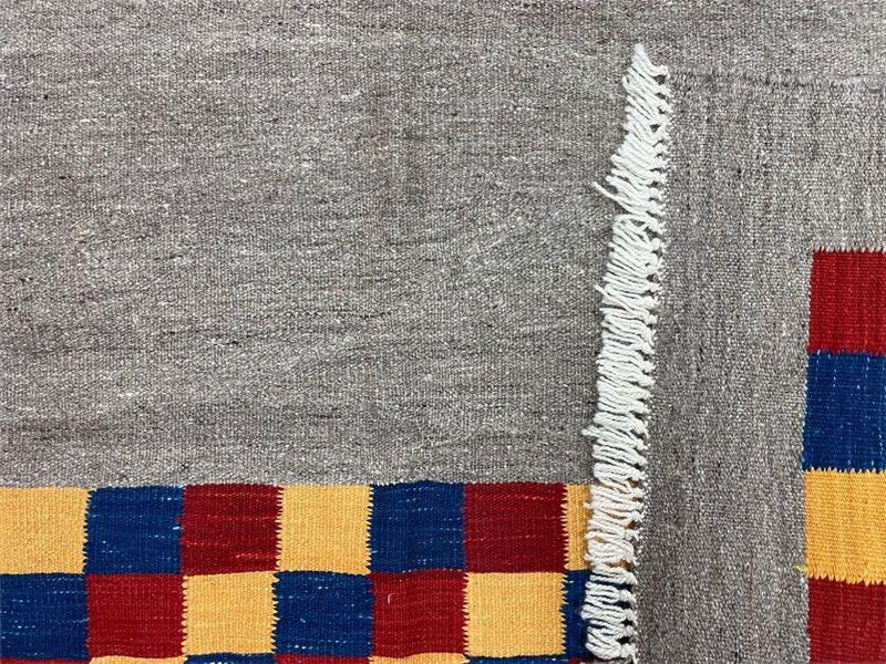 Gray Kilim Carpet, Yellow, Red, Blue Checkerboard Pattern, Flatweave, New, Geometric, Hand-Knotted, Wool, Turkish Area Rug, 5' 9" x 7' 9" by Jewel Rugs