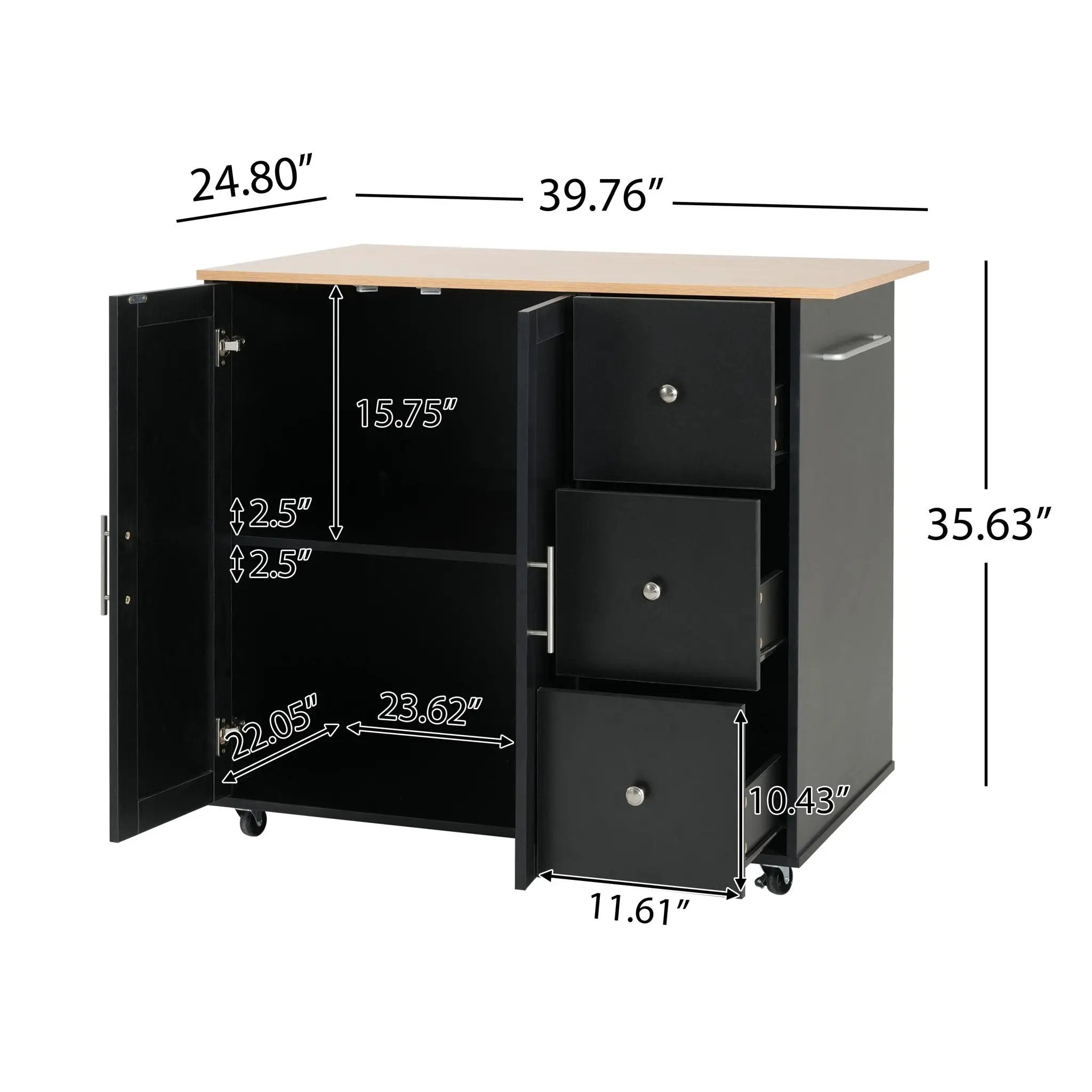 Mobile Kitchen Cart With Storage With 2 Doors, 3 Drawers & Adjustable Shelf - Black / Natural by HouseOfZazla