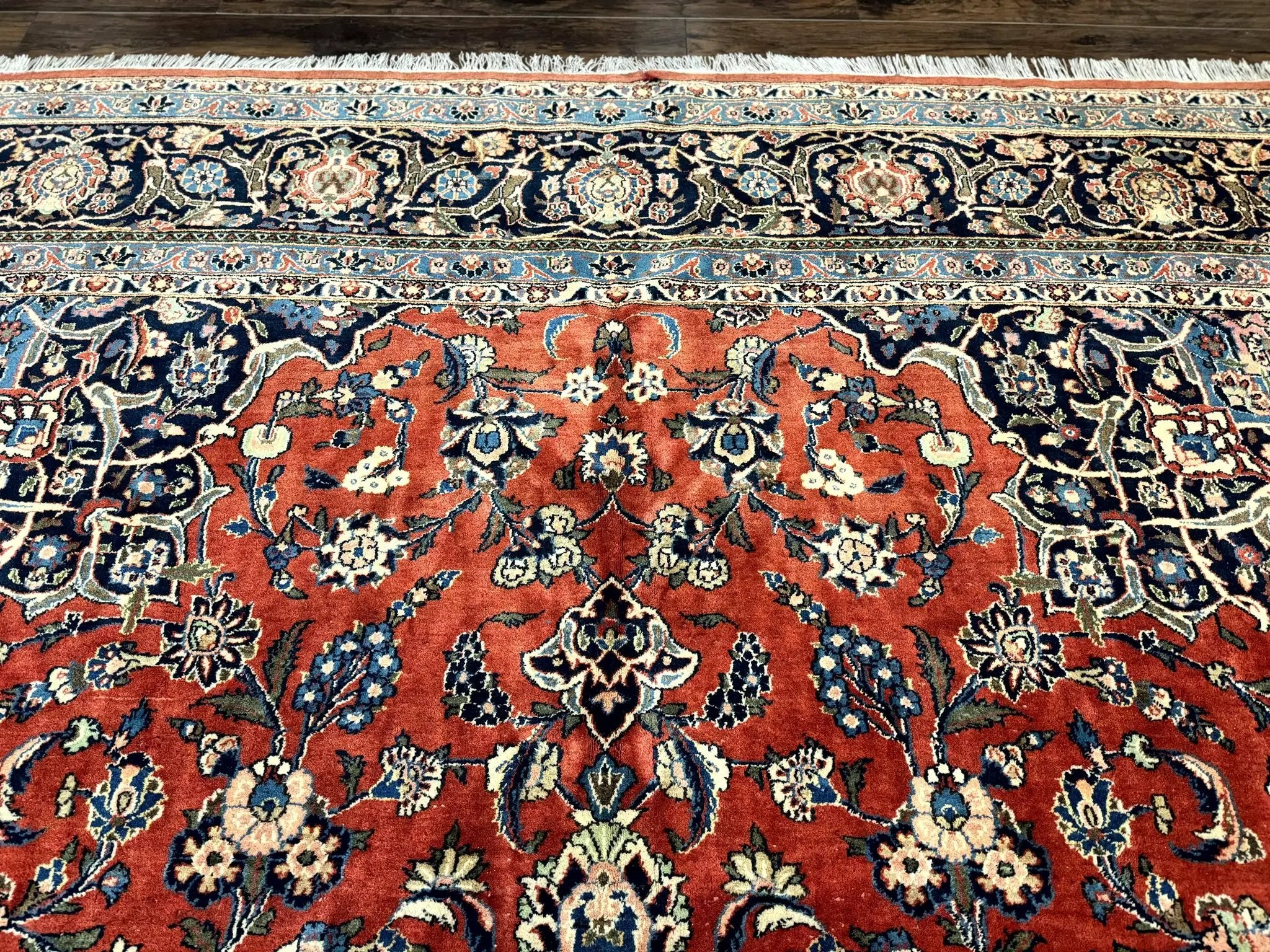 Red Persian Kashan Rug 10x14, Hand-Knotted Semi Antique Floral Medallion Handmade Wool Carpet, Red & Navy Blue by Jewel Rugs