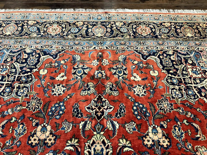 Red Persian Kashan Rug 10x14, Hand-Knotted Semi Antique Floral Medallion Handmade Wool Carpet, Red & Navy Blue by Jewel Rugs