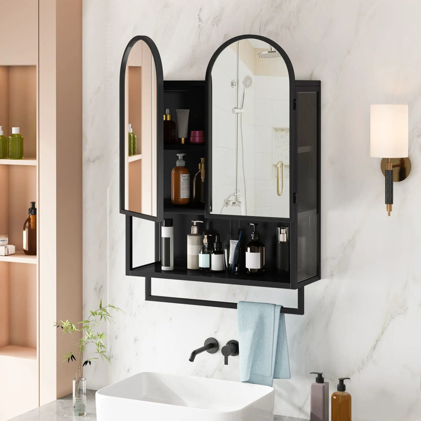 Double Arched Mirror Wall Cabinet With 2 Doors, Featuring Adjustable Shelves And Towel Rack by HouseOfZazla