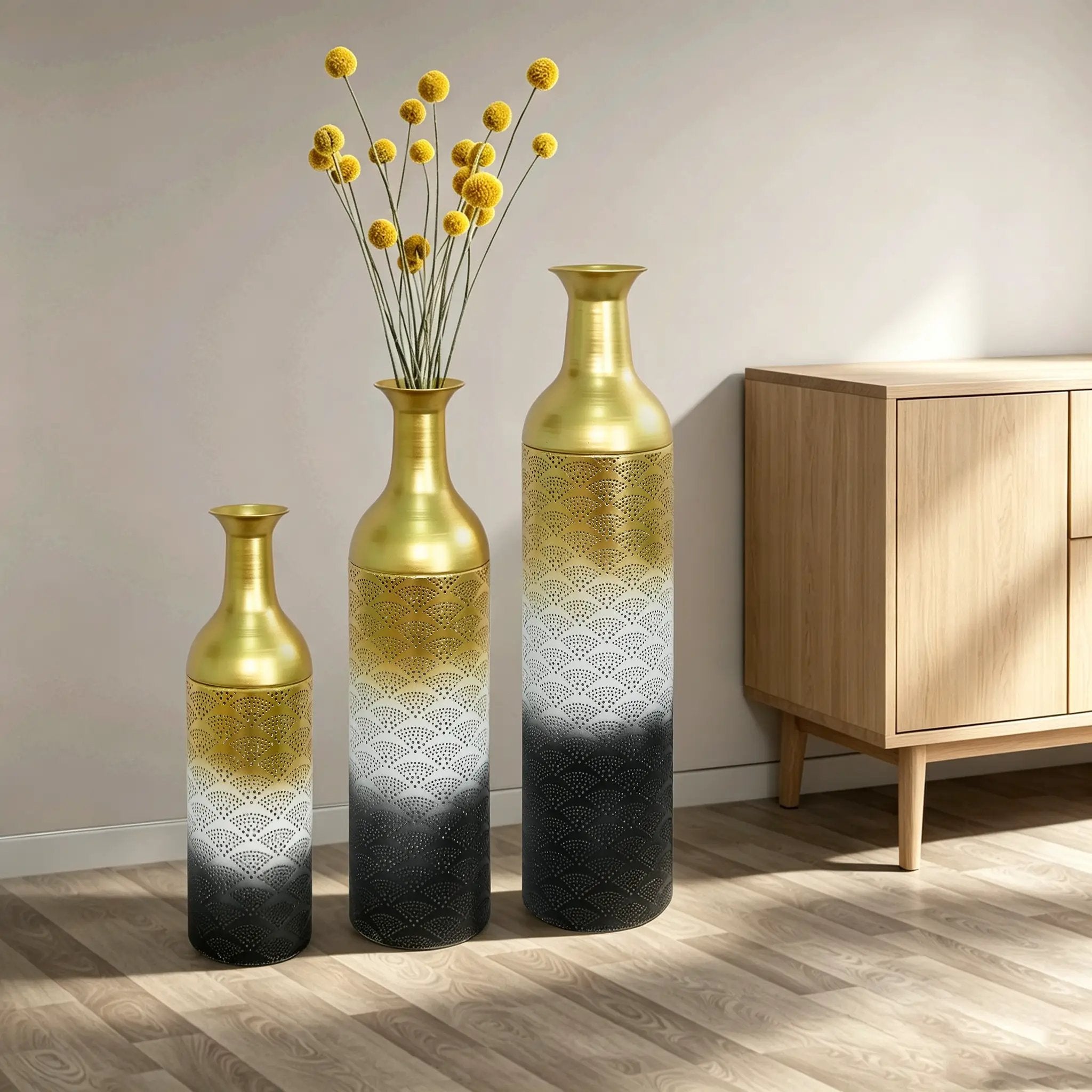 Decorative Metal Vases Set of 3, Leaf Pattern Floor Vases by HouseOfZazla