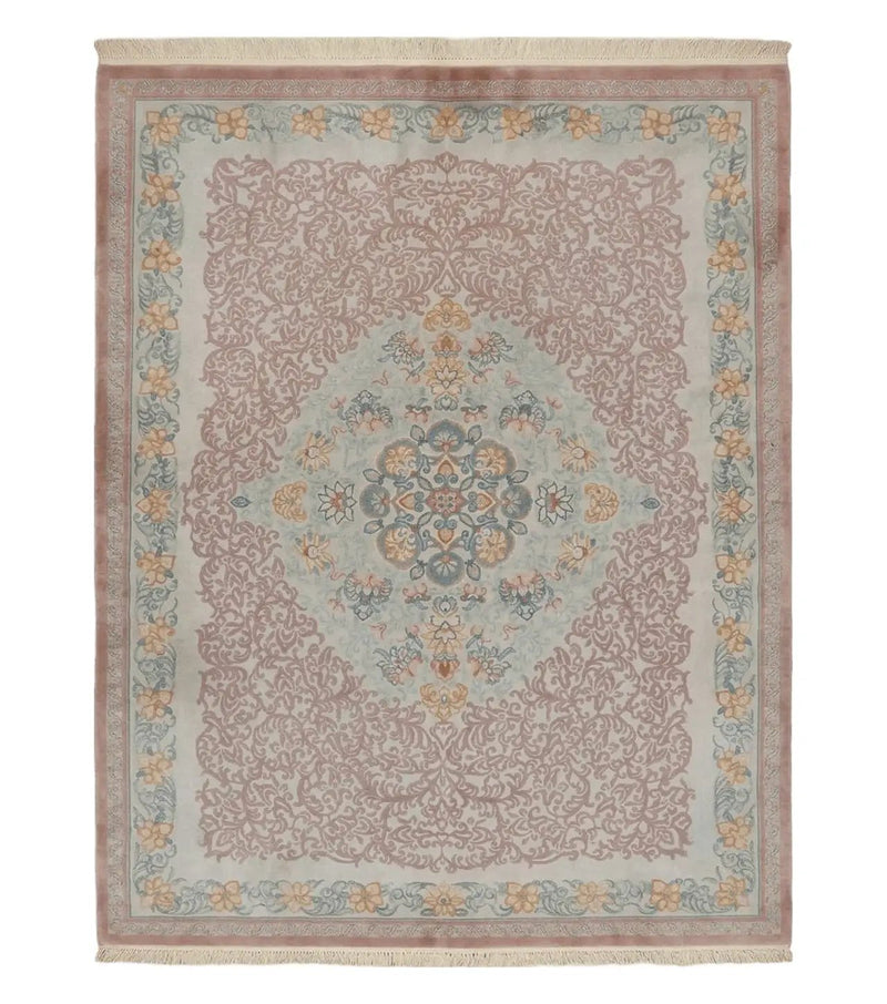 9' X 12' Vintage Handmade Chinese Carving Sculpture Wool Rug Flower Design Pink Carpet by Jewel Rugs