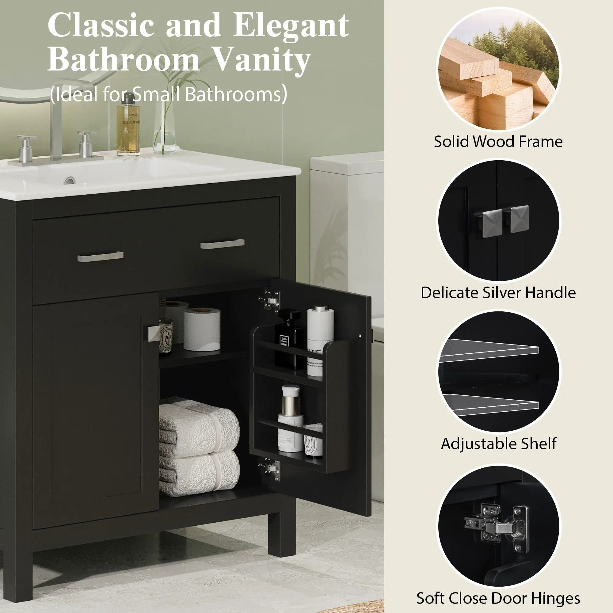 Bathroom Vanity With Ceramic Sink, Modern Single Bathroom Cabinet With 2 Doors And A Shelf, Soft Close Doors by Unique Piece Furniture