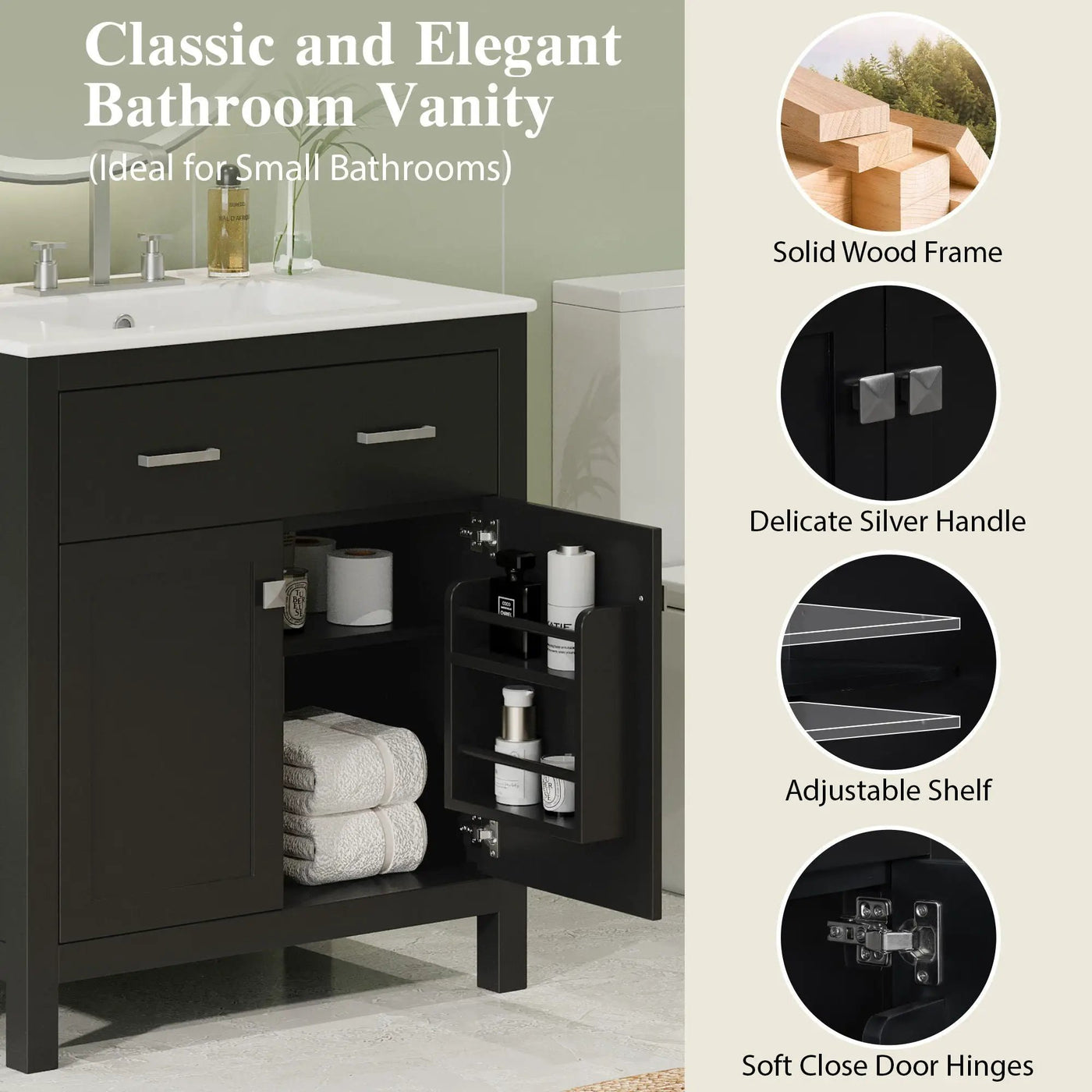 Bathroom Vanity With Ceramic Sink, Modern Single Bathroom Cabinet With 2 Doors And A Shelf, Soft Close Doors by Unique Piece Furniture