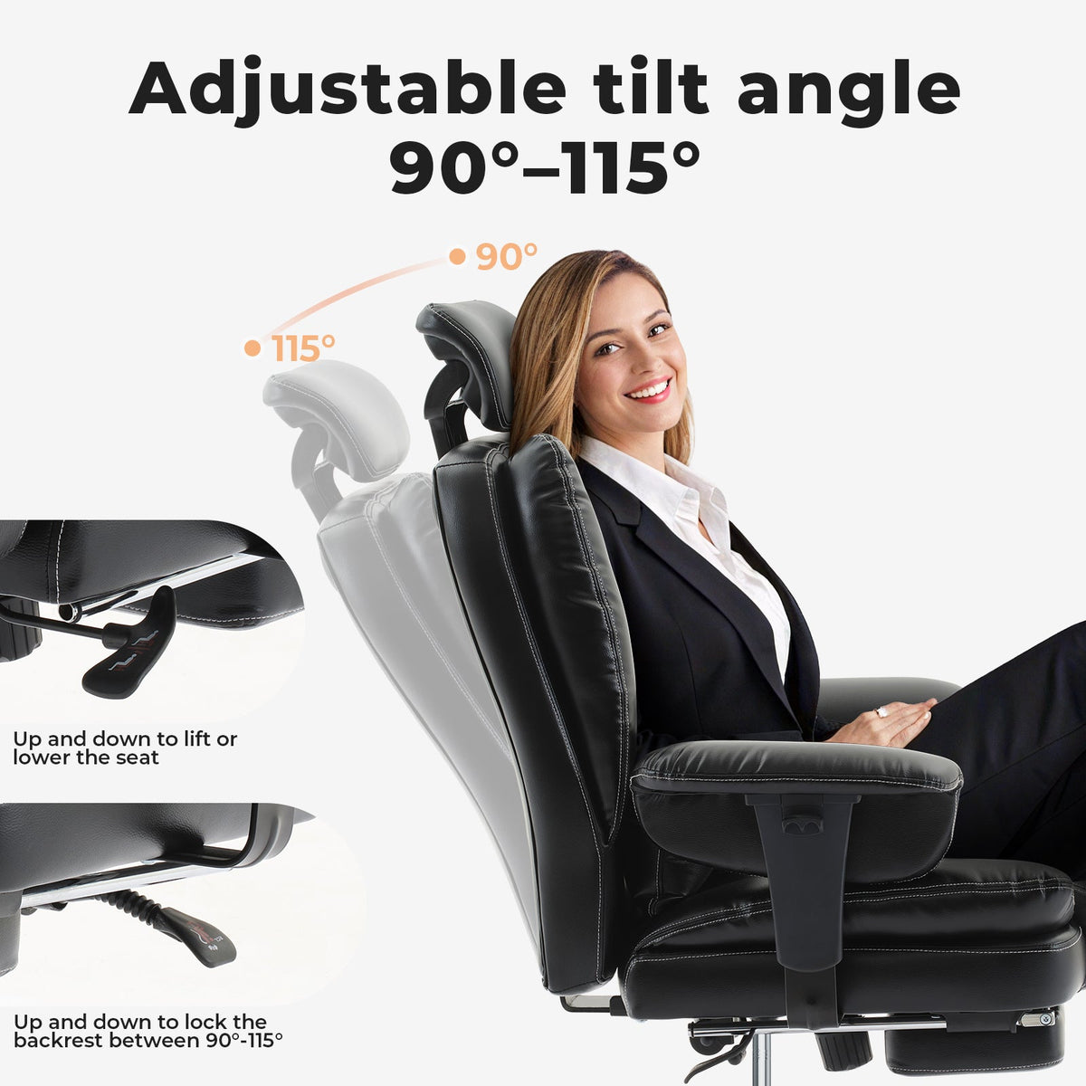 Ergonomic Office Chair with Lumbar Support and Liftable Headrest - Black PU Leather, photo 4 of 10