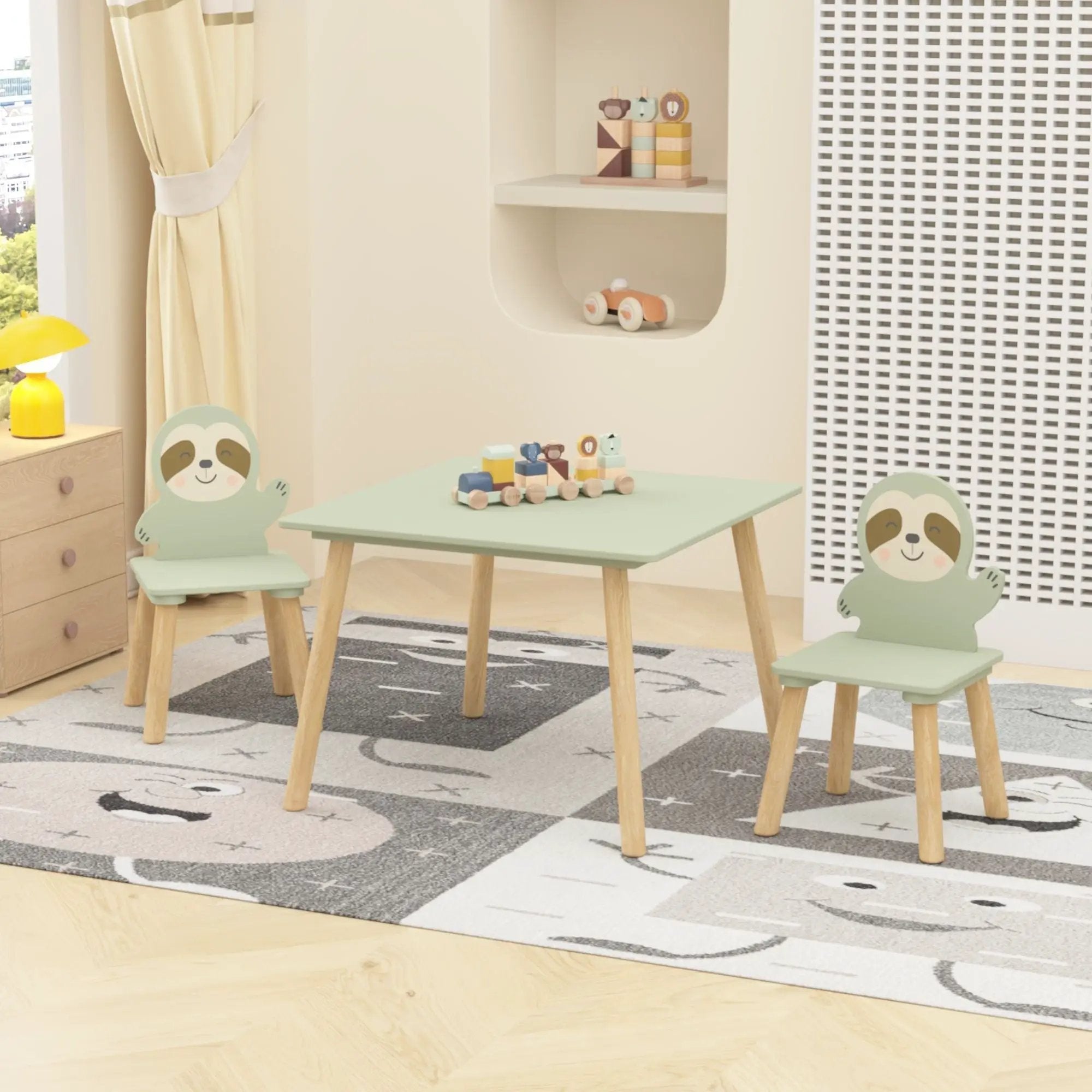 Sloth Themed Table And Chair Set With 2 Cute Animal Chairs - Natural Wood / Sage Green by HouseOfZazla
