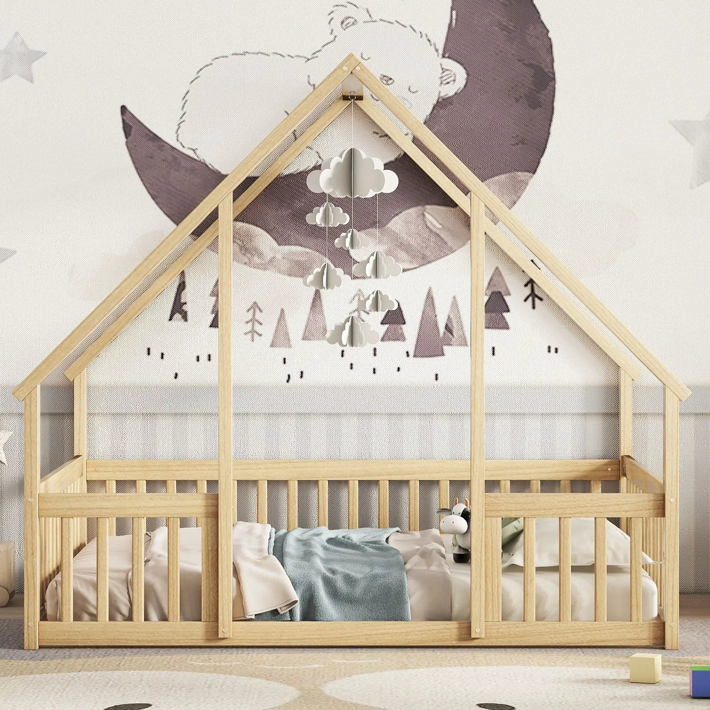 Wood House-Shaped Floor Bed With Fence, Guardrails by HouseOfZazla