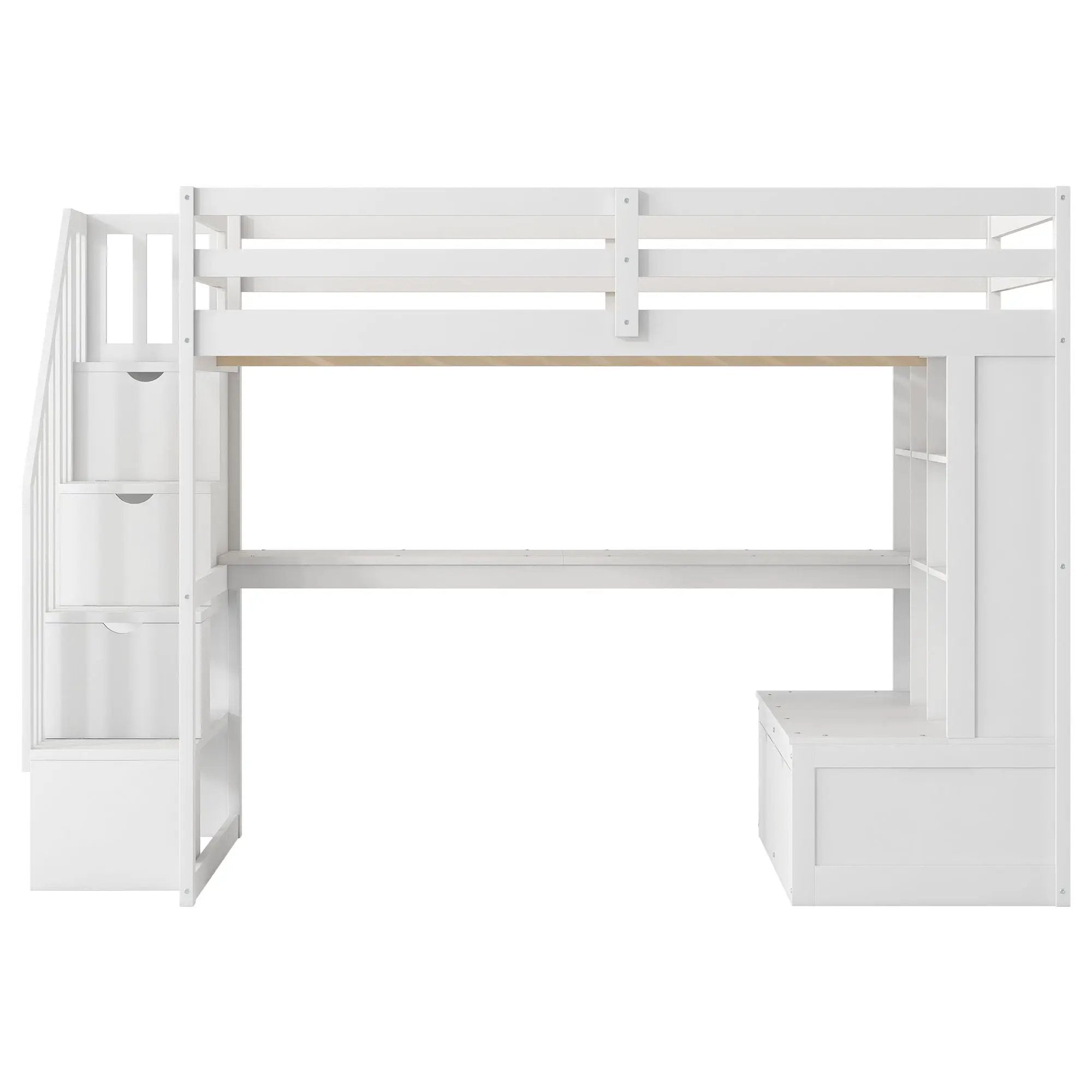 Full Size Loft Bed With Desk And Shelves, 2 Built In Drawers, Storage Staircase - White by Unique Piece Furniture