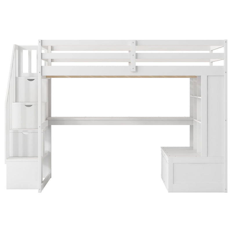 Full Size Loft Bed with Desk, Drawers & Storage Staircase - White